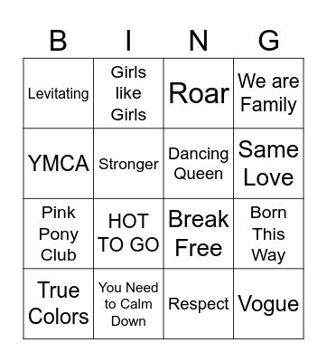 Pride Songs Bingo Card