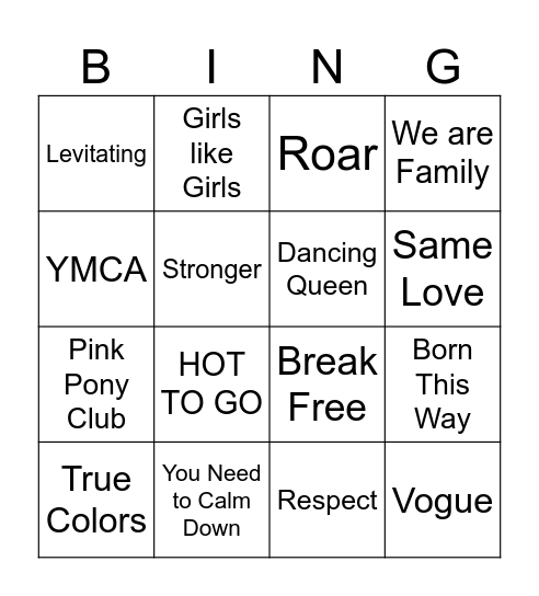 Pride Songs Bingo Card