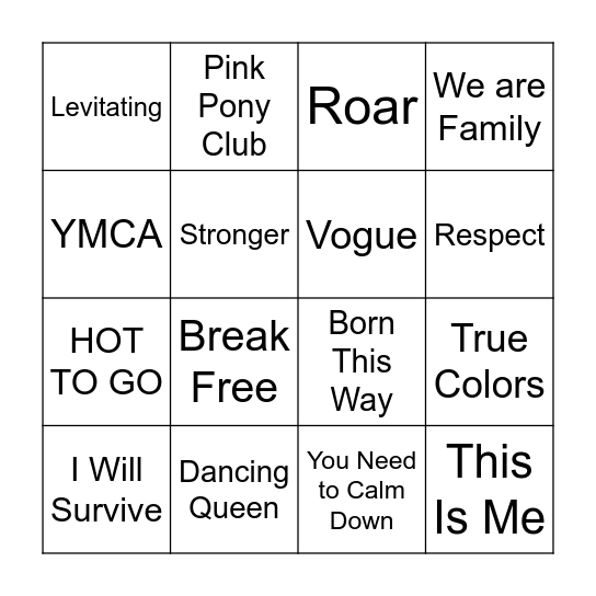 Pride Songs Bingo Card