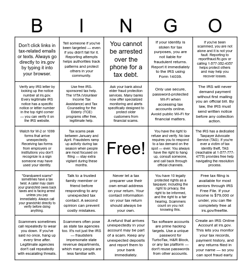 Tax Scams Bingo Card