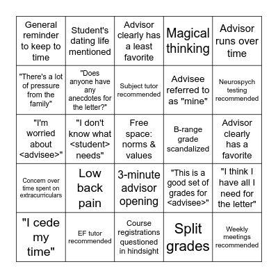 Grading Meeting Bingo Card