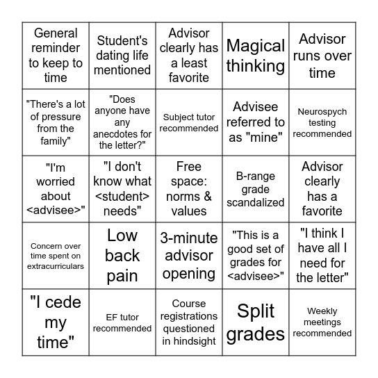 Grading Meeting Bingo Card