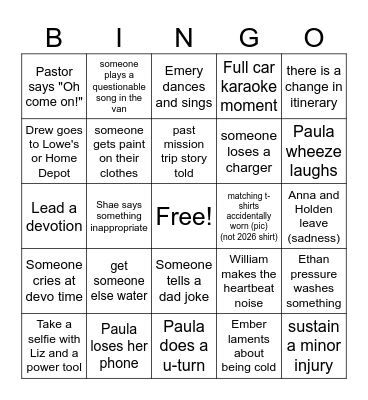 Mission Trip Bingo Card
