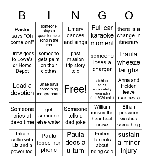 Mission Trip Bingo Card