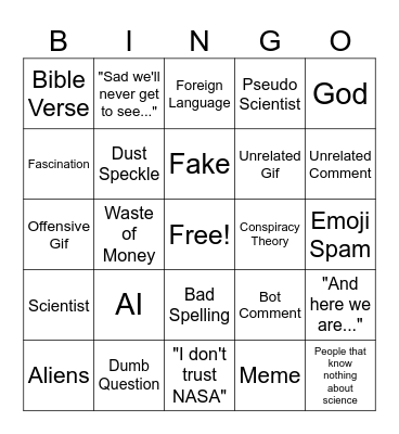 Instagram Science/Space Post Comments Bingo Card