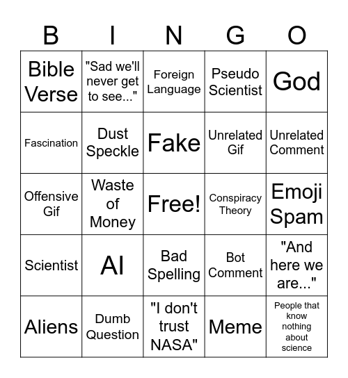 Instagram Science/Space Post Comments Bingo Card