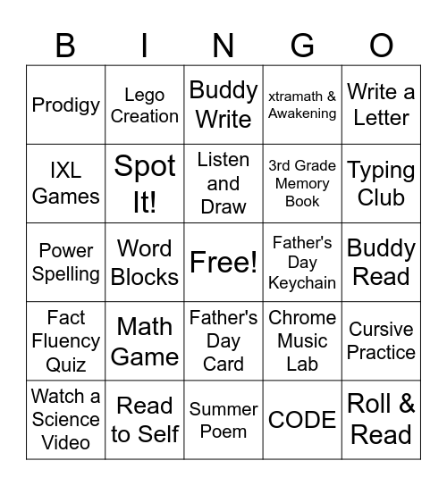 Choice Board Bingo Card