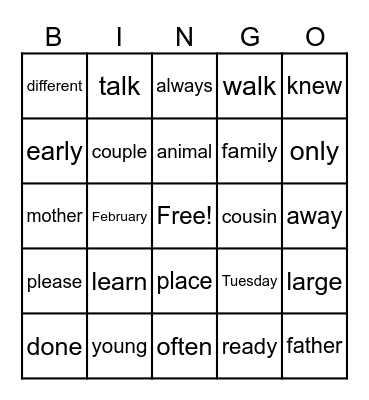 Fundations Trick Word BINGO Card