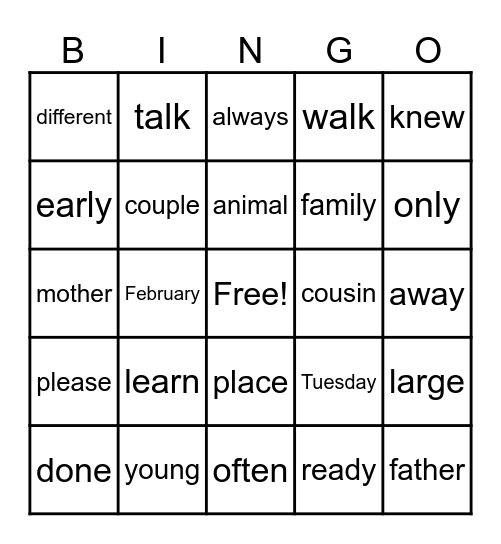 Fundations Trick Word BINGO Card