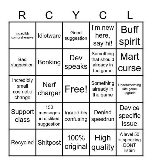 Suggestionscape Bingo Card