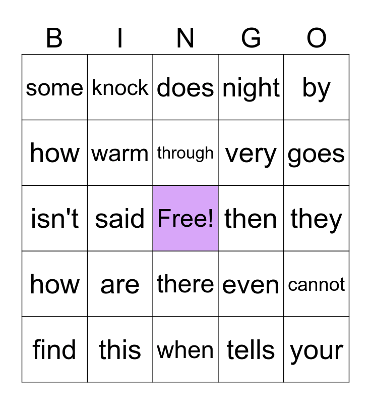High Frequency Word Bingo Card