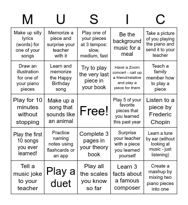Summer Piano Bingo Card