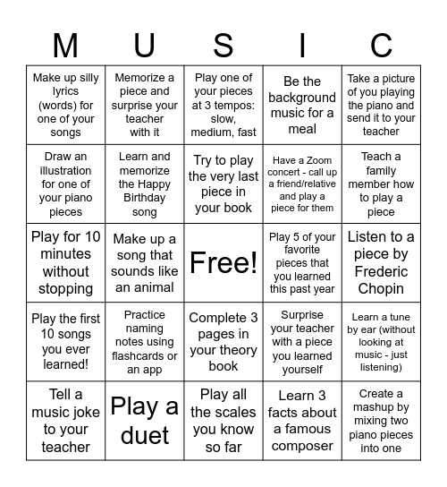 Summer Piano Bingo Card