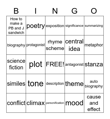 Reading Skills Bingo Card