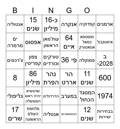 טורקיה Bingo Card