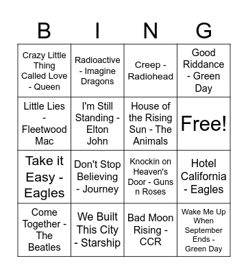 Rock Bingo Card