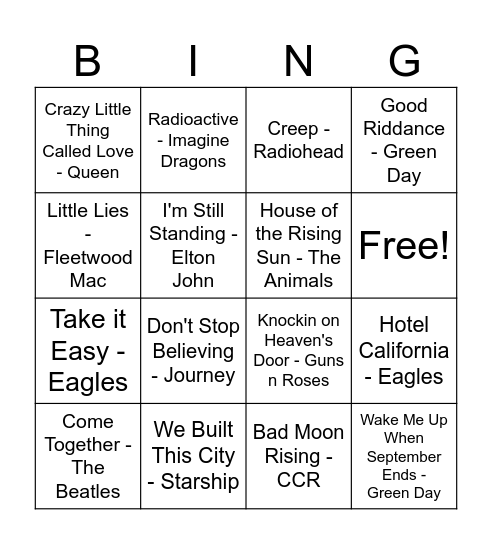 Rock Bingo Card
