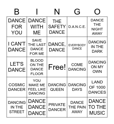 Dance Dance Dance Bingo Card