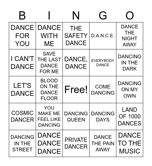 Dance Dance Dance Bingo Card