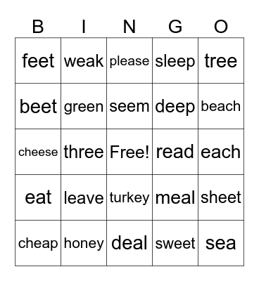 Vowel Teams ee/ea/ey Bingo Card
