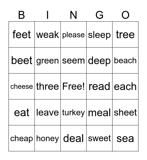 Vowel Teams ee/ea/ey Bingo Card