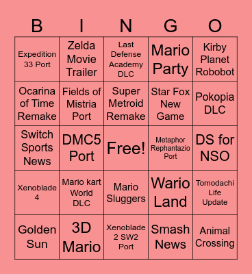 Nintendo Direct 2026 Bingo Card