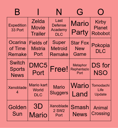 Nintendo Direct 2026 Bingo Card