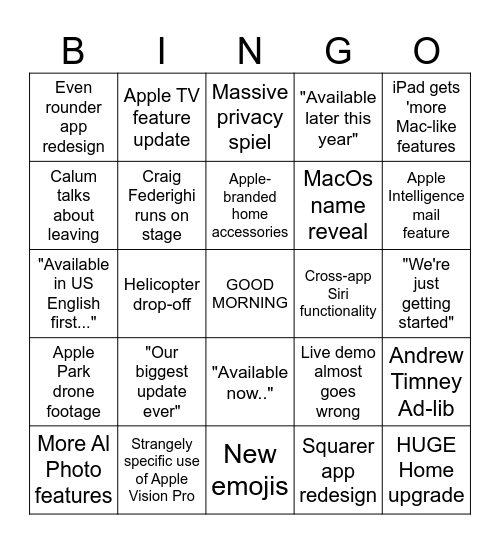 WWDC Bingo Card