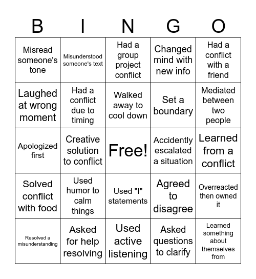 Conflict Resolution Bingo Card
