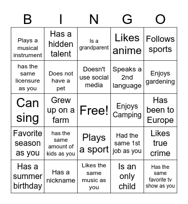 Find Someone Who Bingo Card