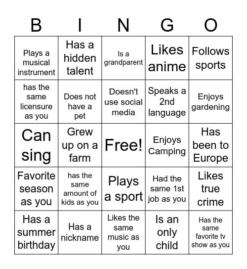 Find Someone Who Bingo Card