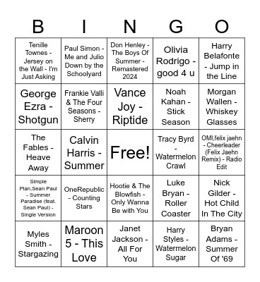 Summer Hits Bingo Card