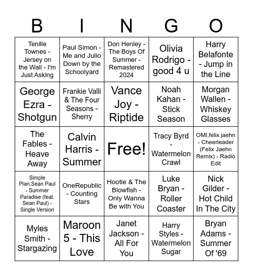 Summer Hits Bingo Card