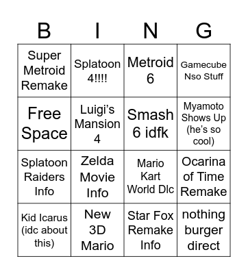 June 9th 2026 Nintendo Direct Bingo Card