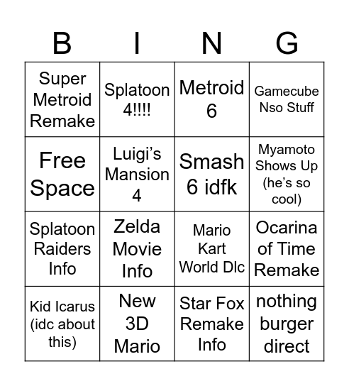 June 9th 2026 Nintendo Direct Bingo Card