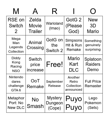 Nintendo Direct 6/9 Bingo Card