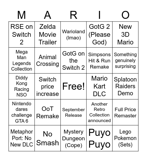 Nintendo Direct 6/9 Bingo Card