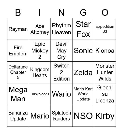 Nintendo Direct Bingo Card