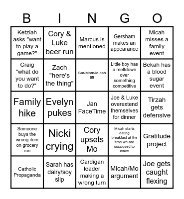 Family Vacation Bingo Card