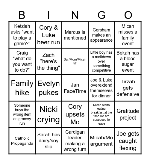 Family Vacation Bingo Card