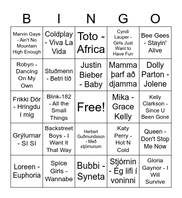 Tónlistarbingó Grunnskóla Reyðarfjarðar Bingo Card