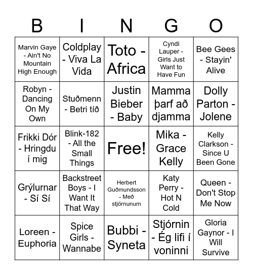 Tónlistarbingó Grunnskóla Reyðarfjarðar Bingo Card
