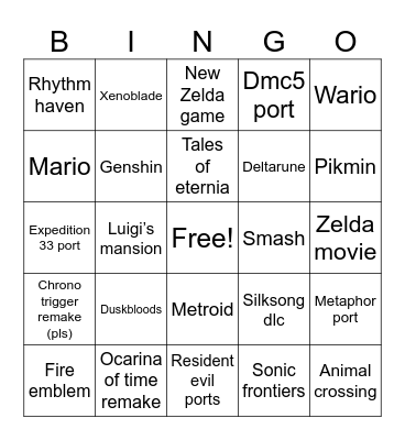 Nintendo Direct 2026 Bingo Card
