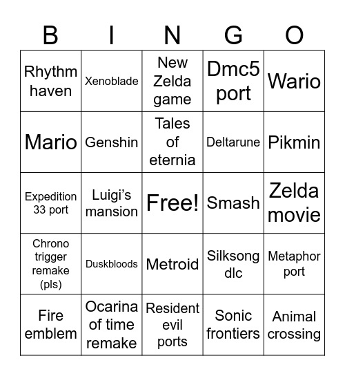 Nintendo Direct 2026 Bingo Card