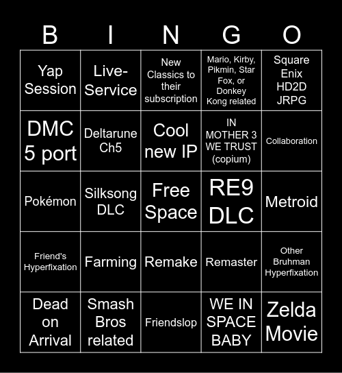Nintendo Direct 2026 Bingo Card