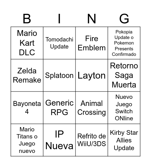 Nintendo Direct Bingo Card