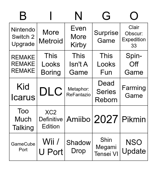 Nintendo Direct - 09/06/26 Bingo Card
