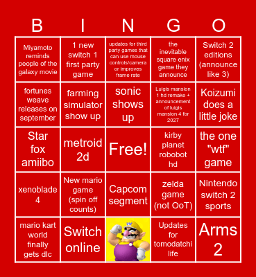 Nintendo direct Bingo Card