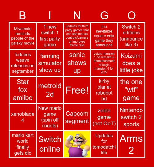 Nintendo direct Bingo Card