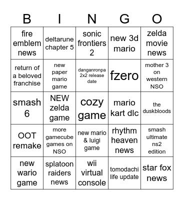 nintendo direct 6.9.2026 Bingo Card